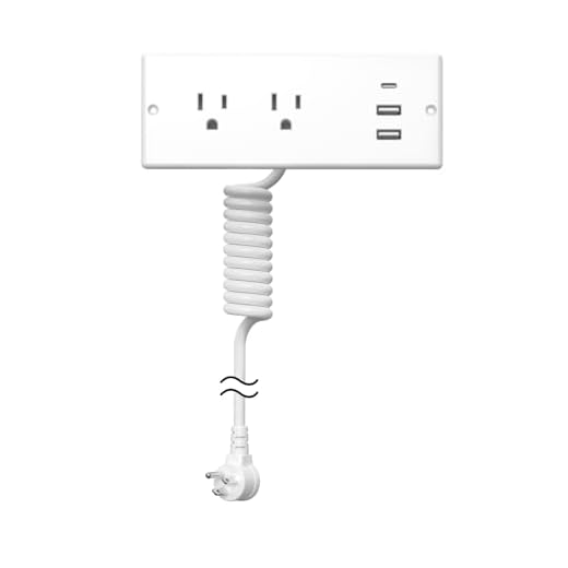 Furniture Drawer Outlet, IPX6 Recessed Power Strip Waterproof with (3) PD 20W USB Ports Fast Charging & (2) 15 Amp AC Outlets, (16 AWG) 10 FT White Spring Cord
