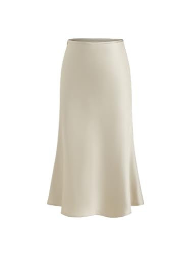 CIDER Satin Skirts Ruffle Bias Cut High Waist Knee Length Midi Skirt Elegant Party Skirt Beige
