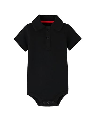Image of Teach Leanbh Baby Boys Pure Color Cotton Short Long Sleeve Polo Bodysuit 3-24 Months (Black, 6 Months)