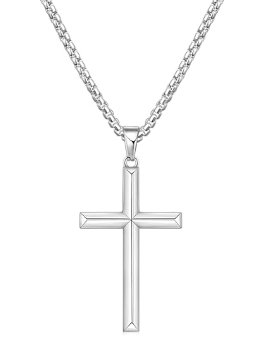 Fiusem Beveled Edge Cross Necklace for Men, Silver Tone/Black/14K Gold Plated Mens Cross Necklace, 2.5MM Stainless Steel Box Chain with Pendant