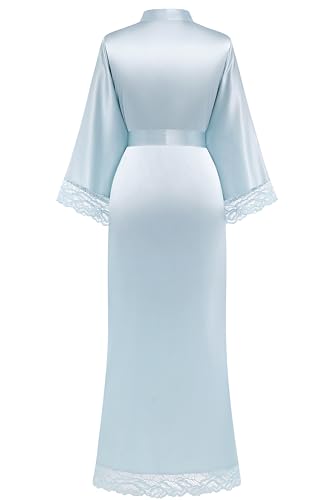 Image of BABEYOND Satin Kimono Robe Silky Long Bridesmaid Wedding Lightweight Bath Robe with Lace Trim