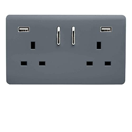 Trendi 2 Gang Artistic Modern Glossy 13 Amp 2 x 3.1mA USB Switched Plug Socket Warm Grey