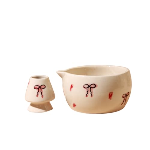 Image of Craftribal Handmade Ceramic Ribbon Matcha Bowl with Whisk Holder - Pottery Chawan for Japanese Tea Ritual, Matcha Lovers & Gifting|Bowl - 5.5 inches|Holder-2.5 inches|Design-Ribbon