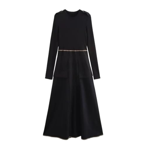 Women's Splicing Knit Dress Loose Long Sleeved Jumper Crew Neck Casual A-Line Sweater Dresses