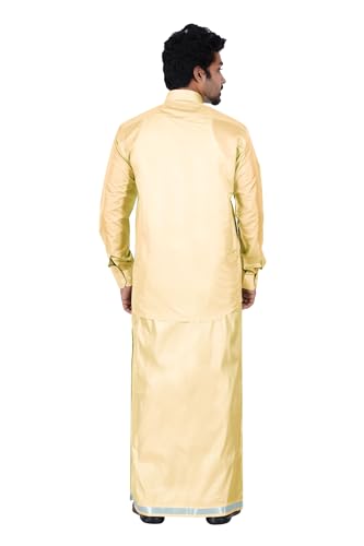 Image of PRAKASAM COTTON-Mens Art Silk Wedding Set /Art Silk 8 Mulam (8-Yard) Dhoti and Stitched Shirt for mens