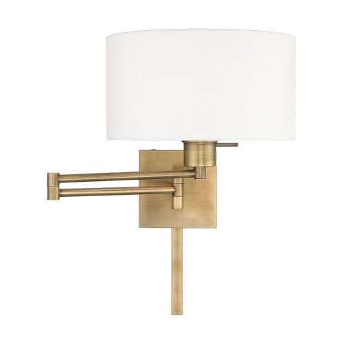 Image of Livex Lighting 40036-01 1-Light Swing Arm Wall Light, Antique Brass | Off-White Fabric Shade
