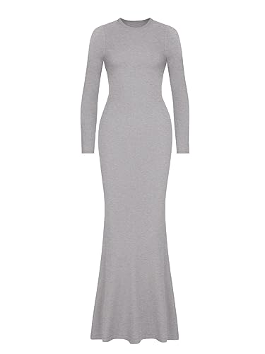 Image of REORIA Women's Sexy Crew Neck Lounge Long Dress Elegant Long Sleeve Ribbed Bodycon Maxi Dresses