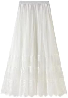 Sigdio Women Midi Skirt Elastic High Waist Lace Tulle Skirt Pleated Skirt