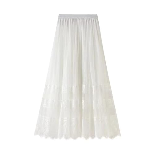 Sigdio Women Midi Skirt Elastic High Waist Lace Tulle Skirt Pleated Skirt
