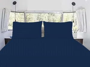 Silentnight Short King 72X75 Navy Blue Stripe 100% Egyptian Cotton Sateen Sheet Set, Soft & Smooth Durable 4 Piece Set 15" Inch Deep Pocket Wrinkle & Fade Resistant