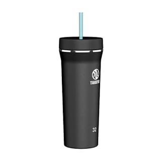 Takeya Straw Tumbler - For Coffee, Water & More - Durable with Built-In Silicone Coaster - Double Stainless Steel Insulation for Beverages - 32 oz, Onyx