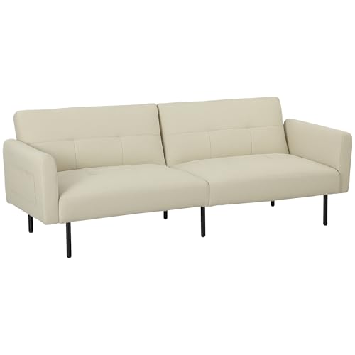 HOMCOM sofá Cama de 3 plazas sofá Clic-clac con Respaldo Ajustable y Bolsillos Laterales, sofá Moderno en Tejido empenachado para salón, habitación de Invitados, 200 x 77 x 72 cm, Beige