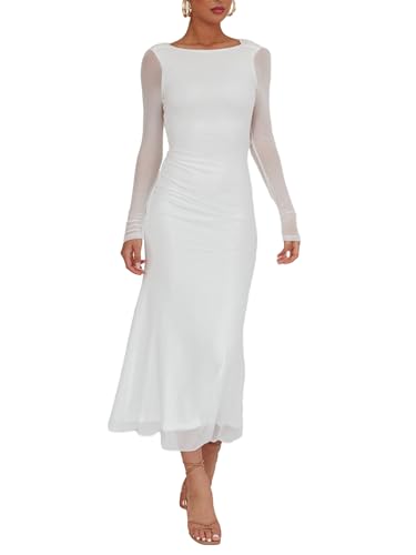 Image of Aisbei Women's Elegant Bodycon Maxi Dress Long Sleeve Boat Neck Backless Dress Party Cocktail Formal Wedding Guest Dresses