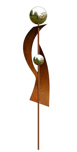 Gartendekoshop24 – Gartendeko, Roststab, Roststecker 117 cm, handgefertigt, Gartenstecker mit 2 Edelstahlkugeln. Deko Stab zum Stecken, Geschenkidee.