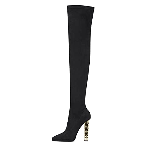 FSJ Women Fashion Over The Knee Long Boots Comfortable Flower Gold Metal Chain Chunky High Heels Sexy Pointed Toe Platform Stretch Thigh High Pull On Warm Shoes Size 4-15 US2