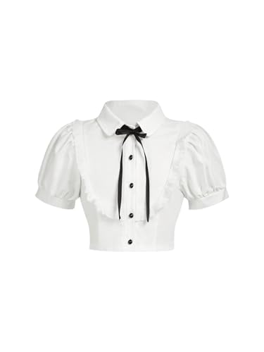 Verdusa Girl's Y2k Cinched Crop Blouse Tie Front Puff Sleeve Ruffle Button Down Collar Shirts