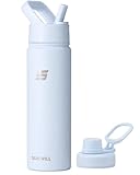 SUNWILL Metal Water Bottle with Straw Stainless Steel, 650ml Insulated Leakproof Thermal Flask with 2 Lids for Cold and Hot Drink, Running, Sports, Gym, Travel, Iceberg