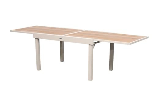 Hespéride - Table de Jardin Extensible Piazza Argile - 10 Places - Aluminium Traité Epoxy Antirouille - Plateau Verre Trempé Effet Bois - Meuble...