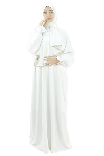 One Piece Prayer Dress for Women Premium Crepe Fabric Isdal with Attached Scarf & Pocket Lightweight Islamic Salah Wear (Off White (150 cm) Length)