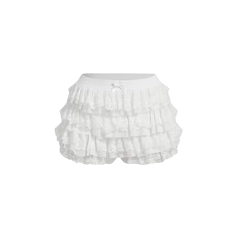 BEAUDRM Women's Y2k Ruffle Shorts Lace Lolita Bloomers Elastic Waist Bow Front Shorts Micro Boyshorts Solid White X-Small Cover