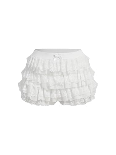 BEBEAUDRM Women's Y2k Ruffle Shorts Lace Lolita Bloomers Elastic Waist Bow Front Shorts Micro Boyshorts White XX-Large