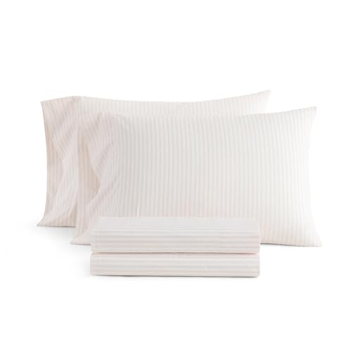 Image of Martha Stewart - Twin XL Size Sheet Set, Breathable Cotton Percale Bedding with Matching Pillowcase, Fully Elastic Fitted Sheet, Deep Pocket, Crisp & Cooling All-Season Comfort (Ticking Stripe Pink)