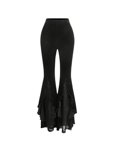 Floerns Women's Goth Elastic High Waist Velvet Pants Ruffle Hem Flare Leg Pants