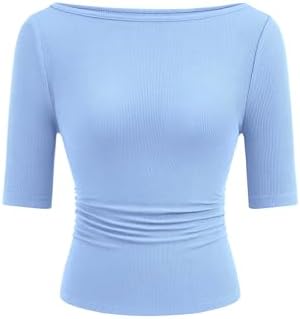 PRETTYGARDEN Womens Summer Short Sleeve Tops Boat Neck Ribbed Knit Slim Fit T Shirt Casual Basic Top 2026 Spring Clothes