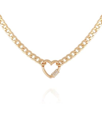Image of GUESS Goldtone Chain Link Necklace with Pave Heart Charm, One Size, Glass, Crystal
