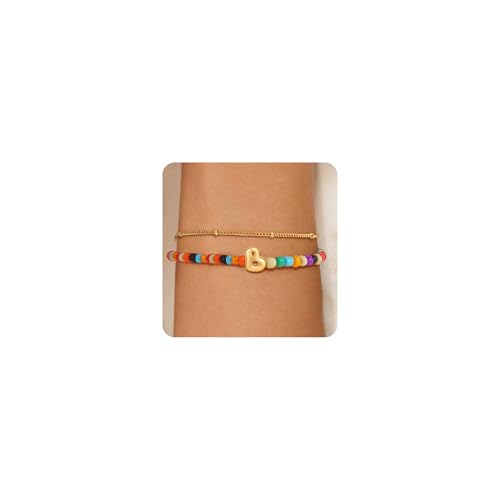 Image of Eaciy Colorful Initial Bracelets for Women Girls - 14K Gold Plated Initial Letter Daint A-Z Charm Bracelet Summer Jewelry Teen Girl Gifts for Teen Kids