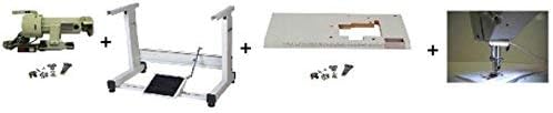 Exploded view of sewing machine components including head, table, and motor