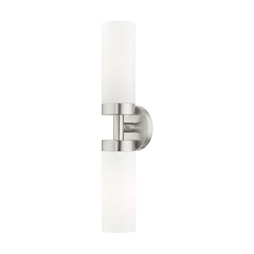 Image of Livex Lighting 15072-91 Aero Collection ADA 2-Light Bathroom Vanity Light with Satin Opal White Glass Cylinder Shades, Brushed Nickel, 19.25 x 4.25 | Dimensions: 19.25 x 4.25; Satin Opal White Glass Cylinder Shades