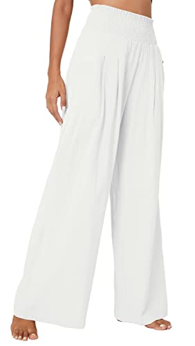 Urban Coco Women's Elastic High Waist Light Weight Loose Casual Wide Leg Trousers Long Pants With Pocket (L, White) #TOP3