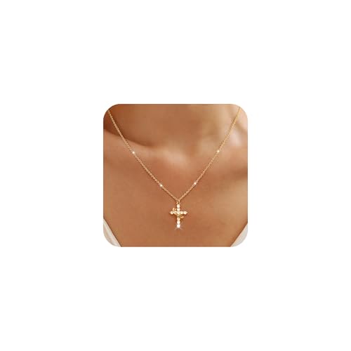 Cross Necklace for Women, Dainty/Silver Cross Crown Cubic Zirconia Pendant Necklace Trendy Simple Necklace Fashion Jewelry for Women