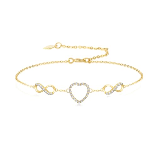 SISGEM 14k Gold Created Moissanite Heart and Infinity Bracelet for Women, Real 14ct Hand Jewelry Gifts for Her, 6.2