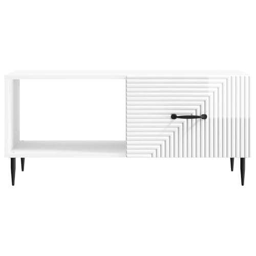 Table basse blanc brillant avec compartiments de rangement ouverts pour salon