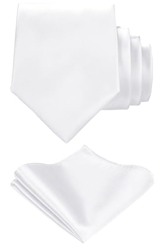 TIE G Solid Satin Woven dyed Color Formal Black Necktie and Pocket Square Sets in Gift Box (White)