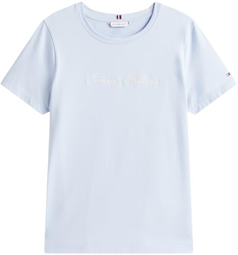 Tommy Hilfiger Camiseta de Manga Corta Mujer Script con Cuello Redondo, Azul (Breezy Blue), L