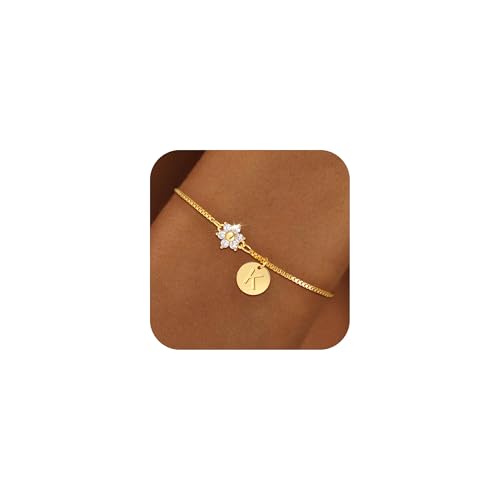 Gold Initial Bracelet for Women, Dainty Cubic Zirconia Flower Bracelet Gold Disc Letter Bracelets Personalized Gifts for Women Jewelry
