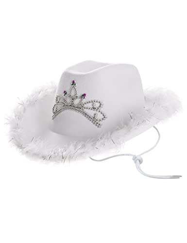 COSAVOROCK Sombrero de Vaquero Blanco Mujer Gorro de Vaquero Plumas