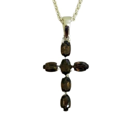 Colgante de cuarzo ahumado ovalado de 28 x 13 mm marrón con cruz de plata