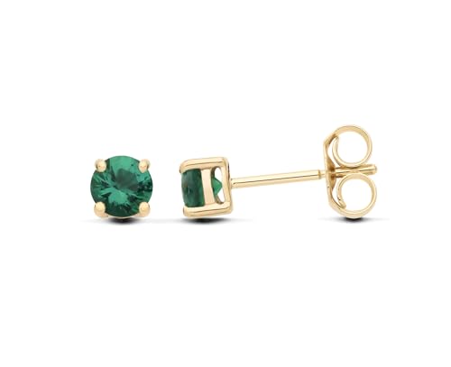 9ct Yellow Gold Created Emerald Round Solitaire Stud Earrings - May Birthstone - Image 2