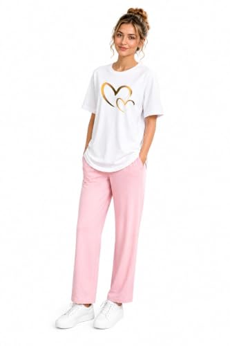 Image of ELVIA Women's Pure Cotton Top and Pyjama Co-Ord Set | Double Heart Graphic Printed Night Suit | Regular Fit Half Sleeve Round Neck T-Shirt with Pajama Sleepwear Loungewear Set