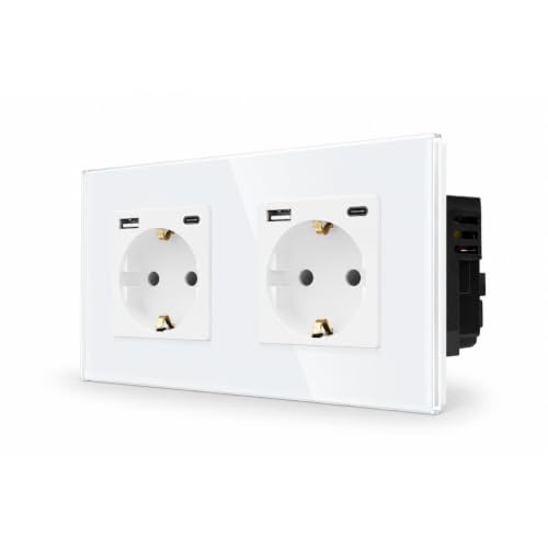 Toma de corriente doble de cristal blanco con puertos USB A+C de 20W
