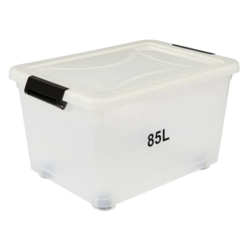 Premify 85L Extra Large Plastic Storage Box with Lockable Lid – Clear Stackable Organizer Bins for Clothes, Kitchen, Toys, Garage Tools, Blankets, Office Supplies