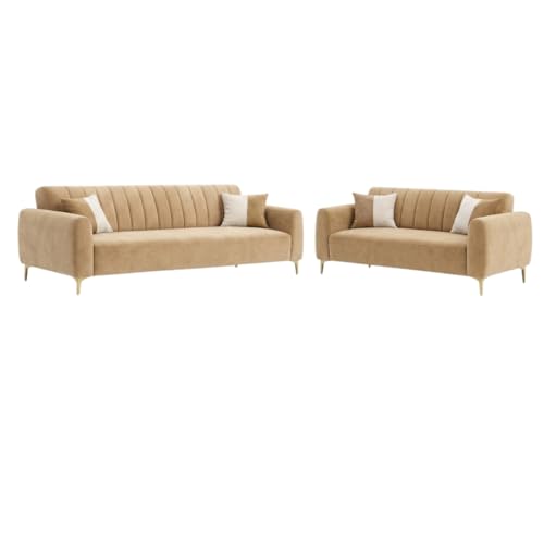 Image of Habibi Rich Velvet Suede 3+2 Seater Sofa Set | Spacious Soft Touch Comfort Seating | 5 Person Seating | Modern Living Room Sofa Set (Beige)