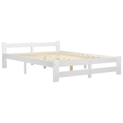 vidaXL Solid Pine Wood Bed Frame, White Classic Design, Supports 120x200 cm Mattress, Bedroom Furniture with Durable Plywood Slats