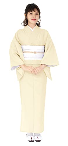 [KYOETSU] [キョウエツ] 着物 洗える 単衣 色無地 ちりめん生地 レディース (L, 薄黄)