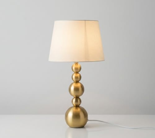 Image of Gold Metal Ball Table Lamp with Neutral Linen Shade - 5-Tier Spherical Base Design - Premium Brass Finish Accent Light for Modern Home Interiors & Bedside Tables