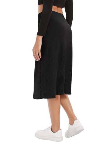 Urban CoCo Women's Elastic High Waist A-Line Flared Midi Skirt Solid Ribbed Knit Skirts4